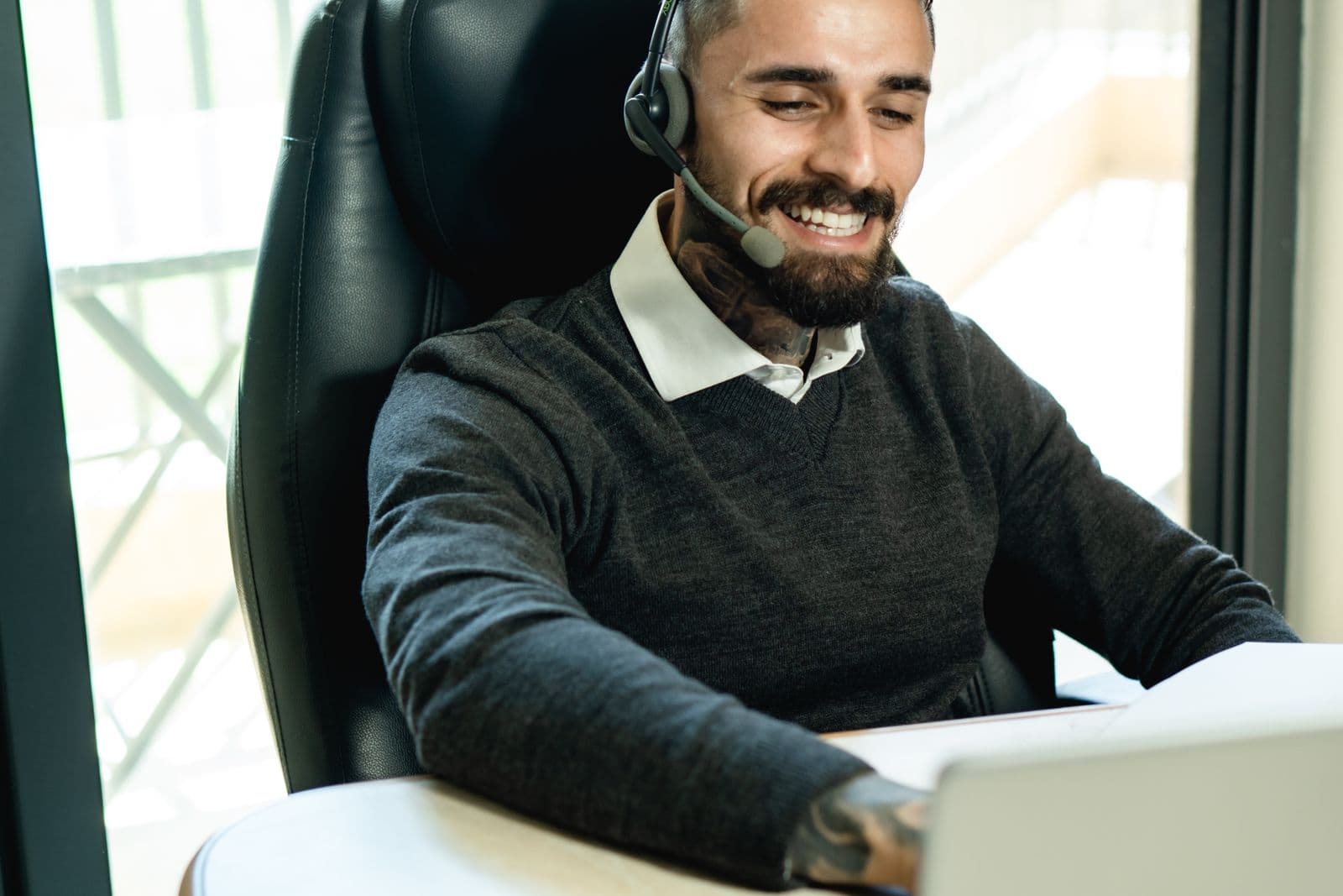 Customer service specialist speaking through a headset