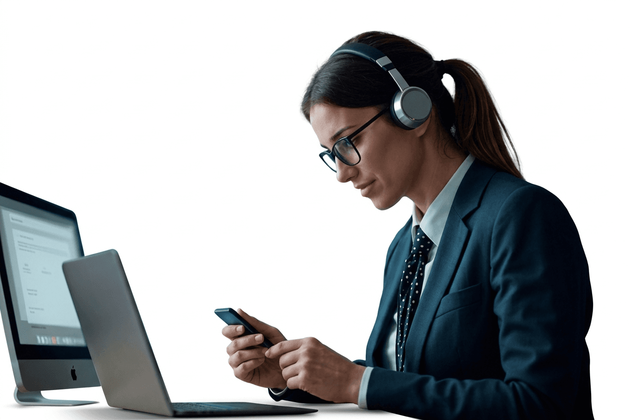A quality reviewer wearing a headset and checking written call notes